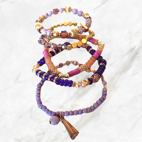 Purple Pink and Goldtone Stacking Bracelets Sparkle Stretchy 5 Pc Gem Ta… - Picture 7 of 12